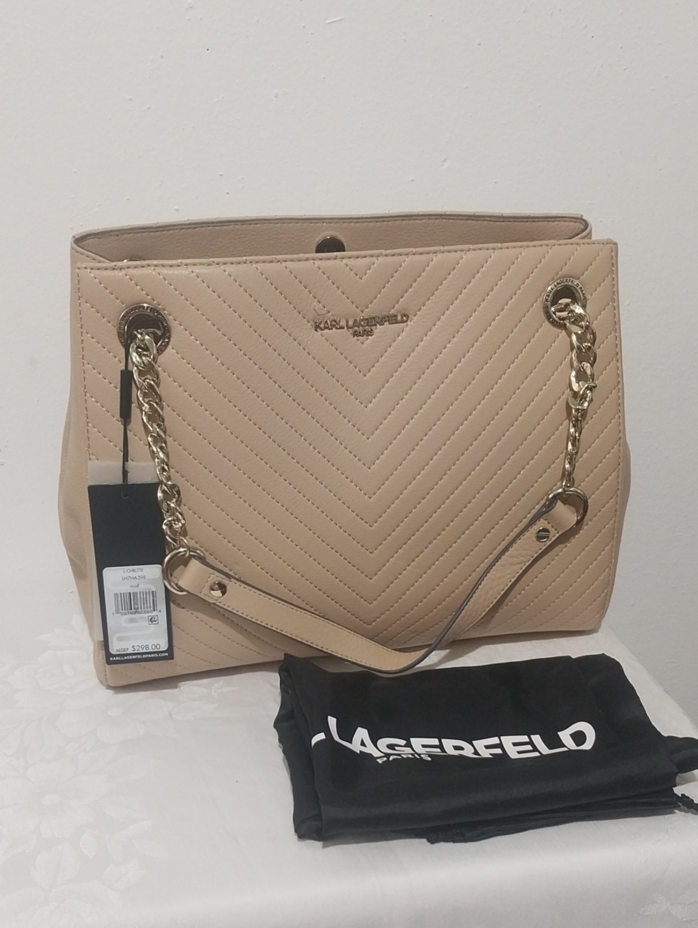 Karl Lagerfeld Beige Chevron Quilted Shoulder Tote with Gold Chain